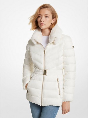 Women Michael Kors Faux Fur Trim Quilted Nylon Packable Puffer Jackets Beige | UXQYZR-312