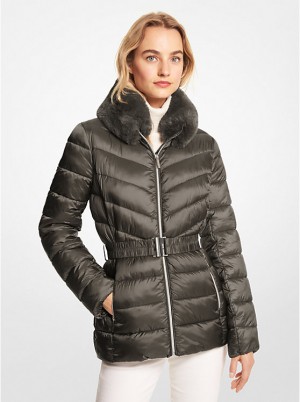 Women Michael Kors Faux Fur Trim Quilted Nylon Packable Puffer Jackets Olive | FQUDBH-926