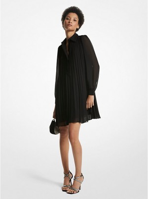 Women Michael Kors Georgette Pleated Shirtdress Dress Black | NSZGHP-643