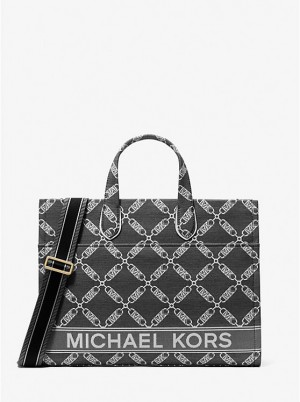 Women Michael Kors Gigi Large Empire Logo Jacquard Tote Bag Black / White | EKLBSP-076