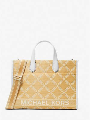 Women Michael Kors Gigi Large Empire Logo Jacquard Straw Tote Bag Yellow | AOGTIV-186