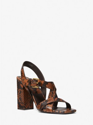 Women Michael Kors Gladys Python Embossed Leather Sandals Brown | DMOSCX-946