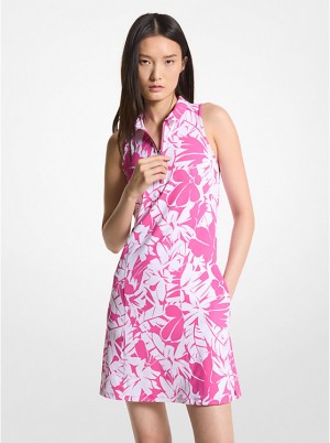 Women Michael Kors Golf Palm Print Stretch Knit Zip-Up Polo Dress Pink | BJVCEQ-317