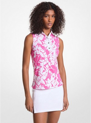 Women Michael Kors Golf Palm Print Tech Performance Sleeveless Shirts Pink | PNHSMI-518