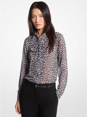 Women Michael Kors Graphic Leopard Print Georgette Tie-Neck Blouse Tops Black / White | DJXRBQ-834