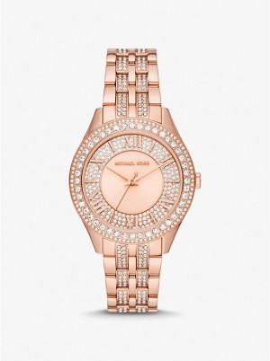 Women Michael Kors Harlowe Pavé Rose Gold-Tone Watches Rose Gold | BWGFIN-504