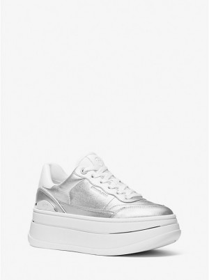 Women Michael Kors Hayes Metallic Leather Platform Sneakers Silver | XMBYJR-491