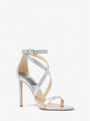 Women Michael Kors Ingrid Metallic Python Embossed Leather Sandals Silver | HEALIG-583