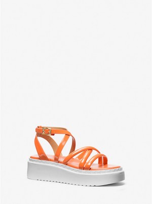 Women Michael Kors Issa Faux Patent Leather Flatform Sandals Apricot | SWAZLY-741