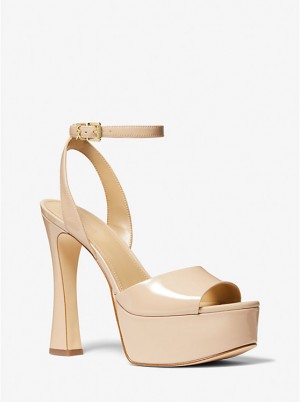 Women Michael Kors Jensen Patent Leather Platform Sandals Beige | QVNIFT-591