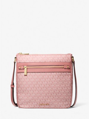 Women Michael Kors Jet Set Large Signature Logo Print Woven Crossbody Bags Rose | ZEFBQH-681