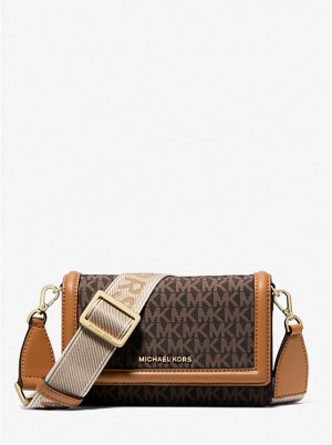 Women Michael Kors Jet Set Small Logo Print Woven Smartphone Crossbody Bags Brown | NKTFWB-349