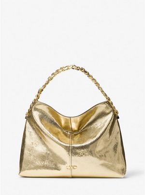 Women Michael Kors Jordyn Large Metallic Snake Embossed Leather Shoulder Bags Gold | UZTDJC-925