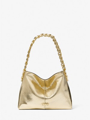 Women Michael Kors Jordyn Small Metallic Snake Embossed Leather Shoulder Bags Gold | CXDBOJ-612