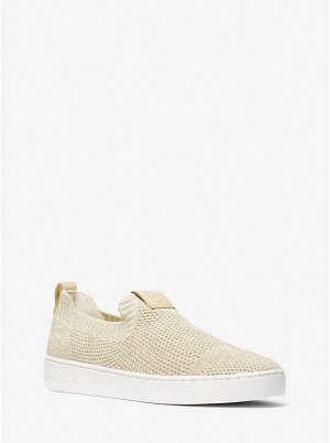 Women Michael Kors Juno Metallic Stretch Knit Slip-On Sneakers Gold | FNTSVY-867