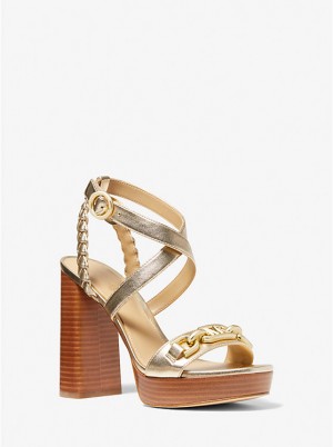 Women Michael Kors Kailey Logo Embellished Metallic Platform Sandals Gold | WGNOUP-035