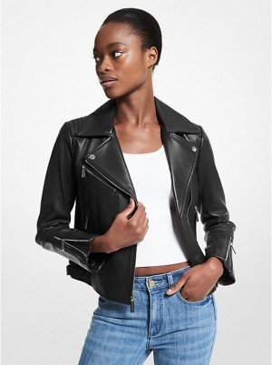 Women Michael Kors Leather Moto Jackets Black | VBPQSK-105