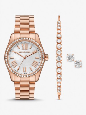 Women Michael Kors Lexington Pavé Rose Gold-Tone and Jewelry Gift Set Watches Rose Gold | ZHWAGP-685