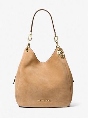 Women Michael Kors Lillie Large Suede Shoulder Bags Brown | PRZWUA-839