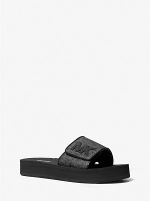 Women Michael Kors Logo Platform Slide Sandals Black | NYGXFW-147