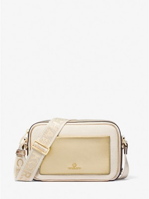 Women Michael Kors Maeve Large Canvas and Metallic Crossbody Bags Gold / Beige | SHQYVJ-281