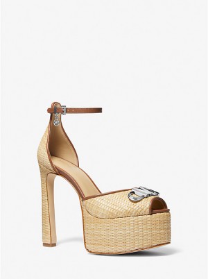 Women Michael Kors Martina Straw Peep-Toe Platform Pumps Beige | JGVDKY-206