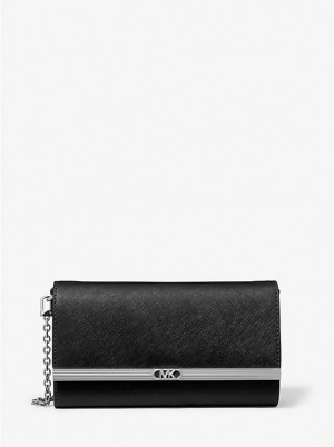 Women Michael Kors Mona Large Saffiano Leather Clutch Crossbody Bags Black | QCGWFH-745