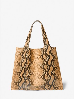 Women Michael Kors Monogramme Python Embossed Leather Tote Bag Brown | KHTNWD-093