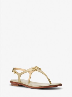 Women Michael Kors Nori Metallic Leather T-Strap Sandals Gold | TJNBXS-251