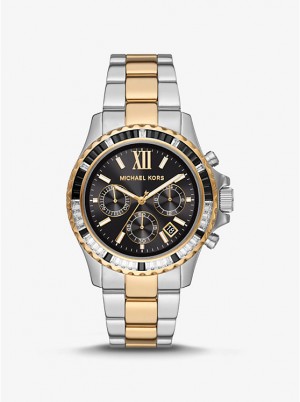 Women Michael Kors Oversized Everest Pavé Two-Tone Watches Black | TILQHY-342