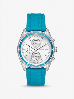 Women Michael Kors Oversized Hadyn Pavé Silver-Tone Watches Blue | QDWAVC-573