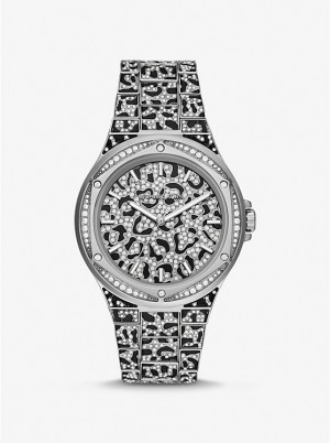 Women Michael Kors Oversized Lennox Animal Pavé Silver-Tone Watches Silver | DUZMIK-982