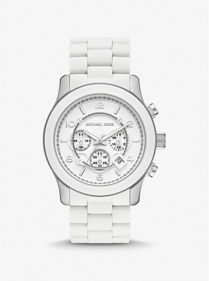 Women Michael Kors Oversized Runway White-Tone Watches White | ZPDFSH-496