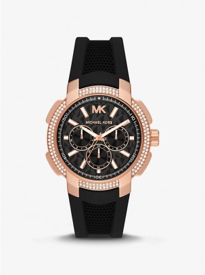 Women Michael Kors Oversized Sydney Pavé Rose Gold-Tone and Silicone Watches Black | DFEILV-683