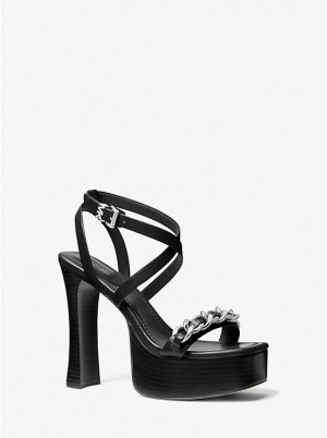 Women Michael Kors Paola Chain Embellished Leather Platform Sandals Black | RHWIDT-563