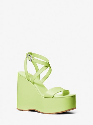 Women Michael Kors Paola Leather Wedge Sandals Green | ZEYPNT-925