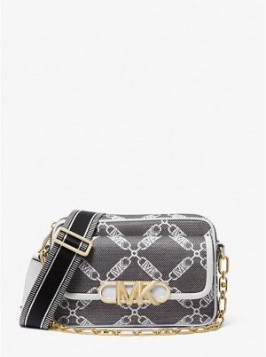 Women Michael Kors Parker Medium Empire Logo Jacquard Crossbody Bags Black / White | YHGPAS-527