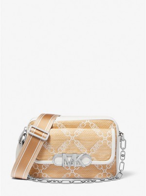 Women Michael Kors Parker Medium Empire Logo Jacquard Straw Crossbody Bags Beige | RXDOZL-874