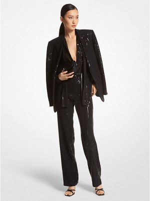 Women Michael Kors Pinstripe Sequined Crepe Boyfriend Blazers Black | WMGEUY-062