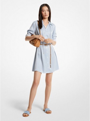 Women Michael Kors Pinstriped Satined Shirtdress Dress Blue | KTXOWS-419