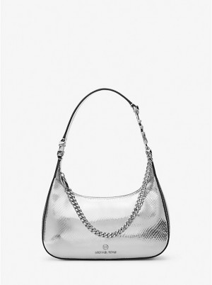 Women Michael Kors Piper Small Metallic Snake Embossed Leather Shoulder Bags Silver | EDHOSX-718