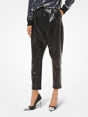 Women Michael Kors Pleated Leather Pants Black | VHSCKG-710