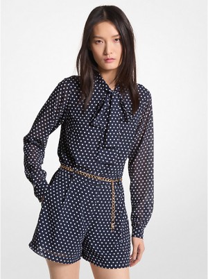 Women Michael Kors Polka Dot Georgetteed Tie-Neck Romper Dress Black | ULEXPO-812