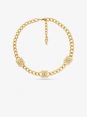 Women Michael Kors Precious Metal-Plated Brass Pavé Lock Trio Necklaces Gold | IVEMNR-265