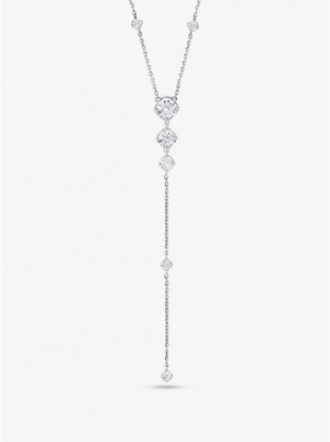 Women Michael Kors Precious Metal-Plated Sterling Silver Cubic Zirconia Lariat Necklaces Silver | SOEBCJ-631