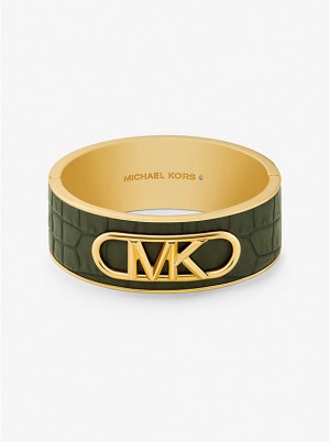 Women Michael Kors Precious Metal-Plated Brass and Crocodile Embossed Empire Logo Bracelets Green | UIKBGN-607