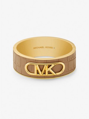 Women Michael Kors Precious Metal-Plated Brass and Crocodile Embossed Empire Logo Bracelets Beige | DIFJUC-601