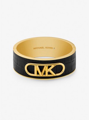 Women Michael Kors Precious Metal-Plated Brass and Crocodile Embossed Empire Logo Bracelets Black | CAHZLV-053