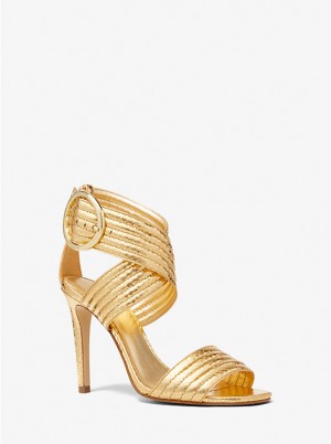 Women Michael Kors Remi Metallic Snake Embossed Leather Sandals Gold | DYBGPQ-081