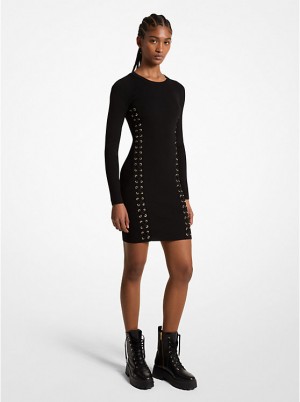 Women Michael Kors Ribbed Stretch Knit Lace-Up Dress Black | QTSOFI-814